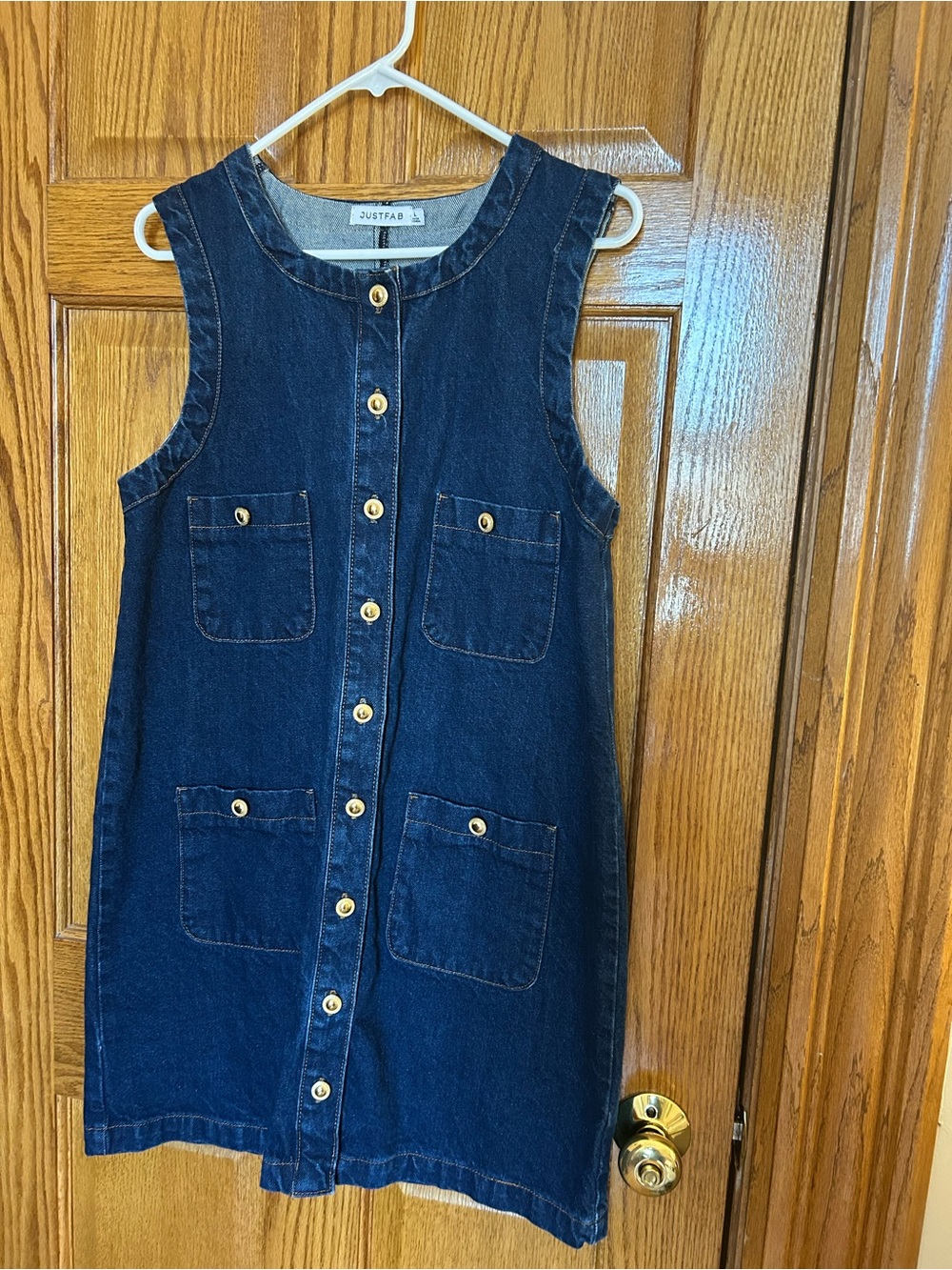 JustFab Dark Blue Denim Dress with Gold Button